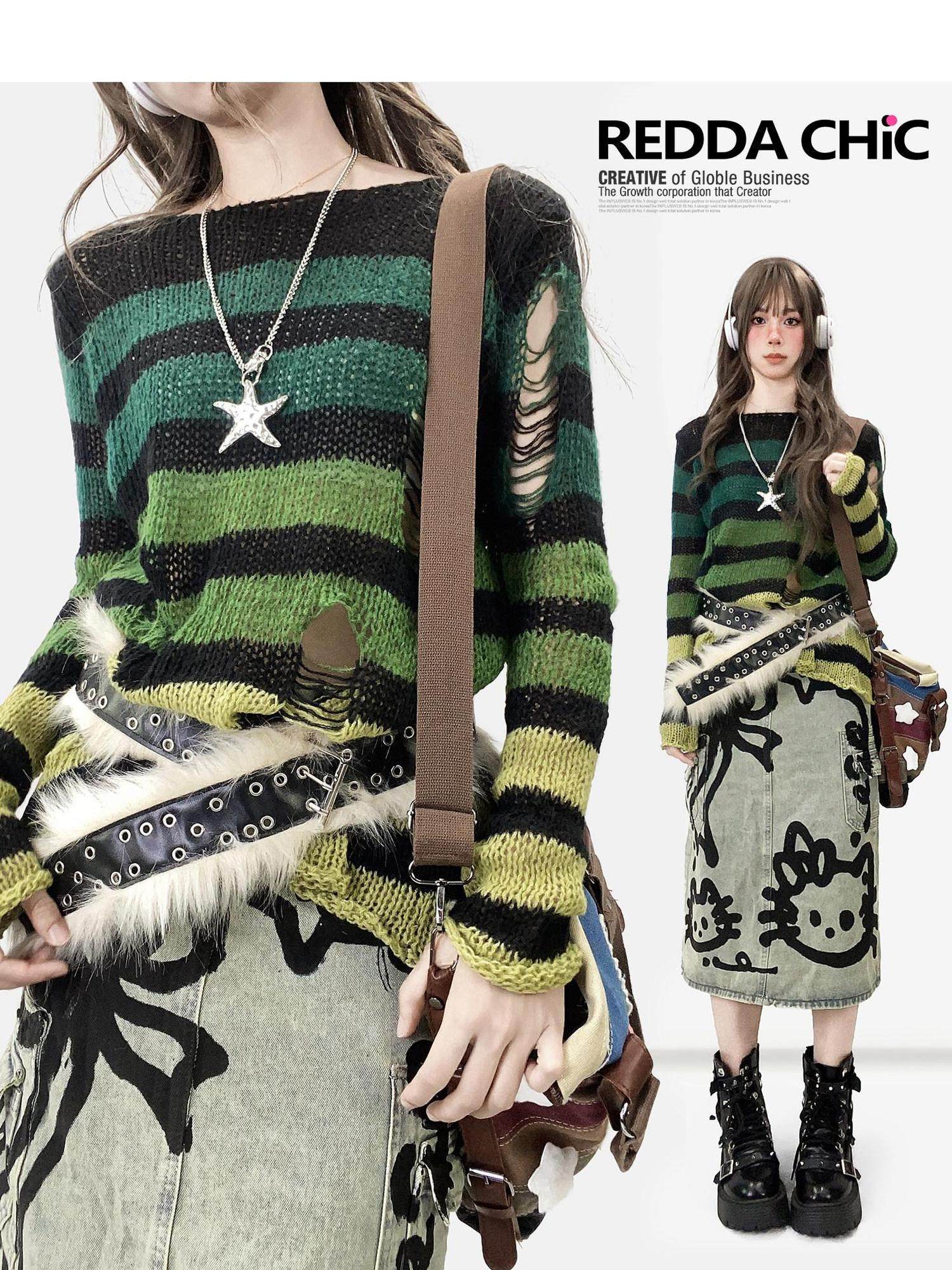 ReddaChic Thermal Warm Striped Loose Commuter Pullover Round Neck Green Tank Tops