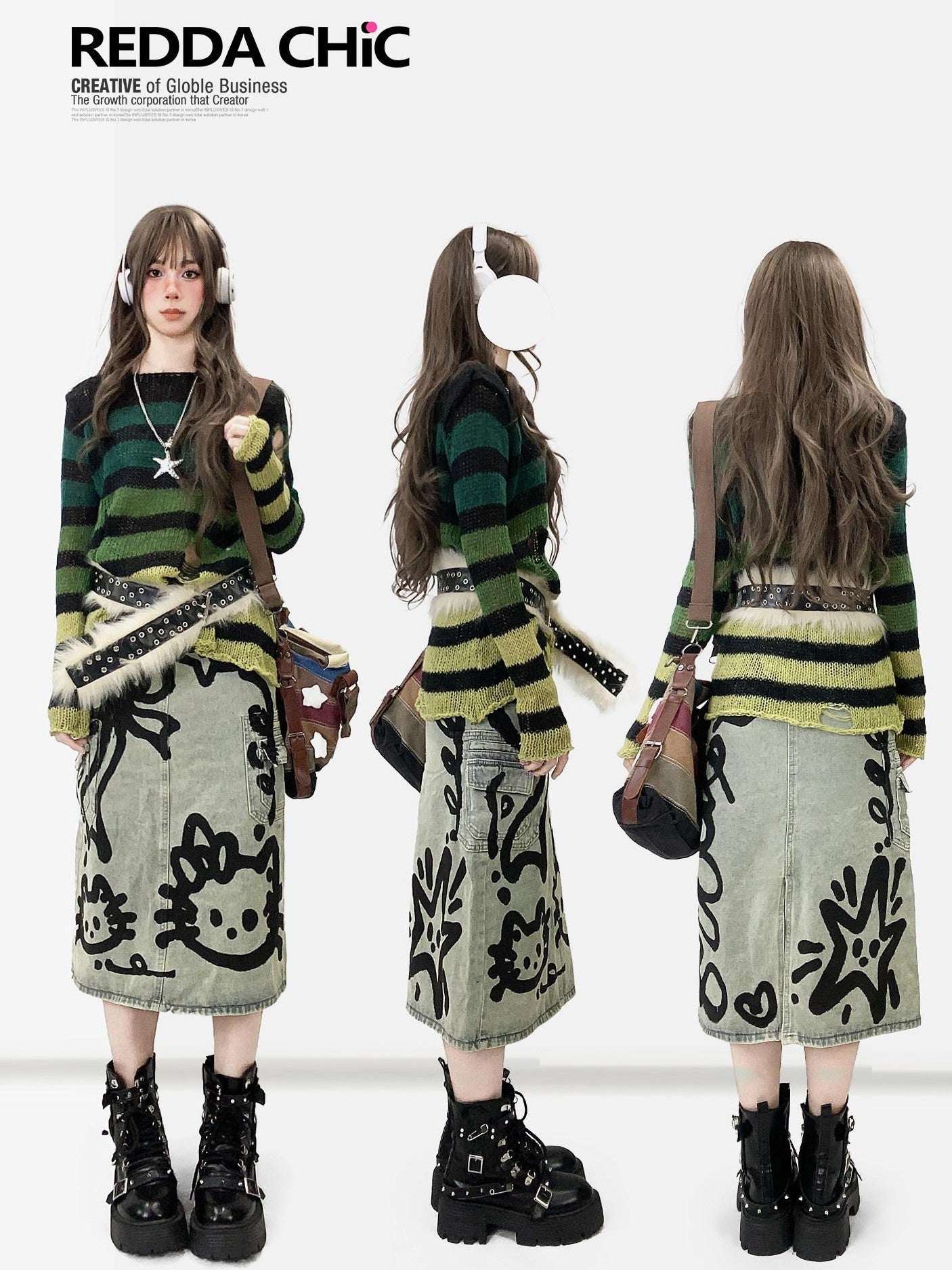 ReddaChic Thermal Warm Striped Loose Commuter Pullover Round Neck Green Tank Tops
