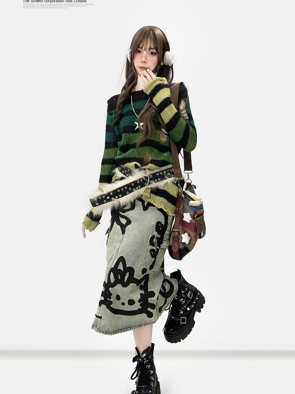 ReddaChic Thermal Warm Striped Loose Commuter Pullover Round Neck Green Tank Tops