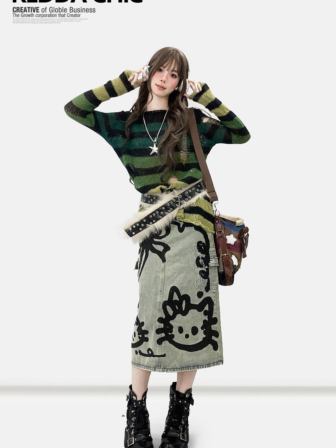 ReddaChic Thermal Warm Striped Loose Commuter Pullover Round Neck Green Tank Tops