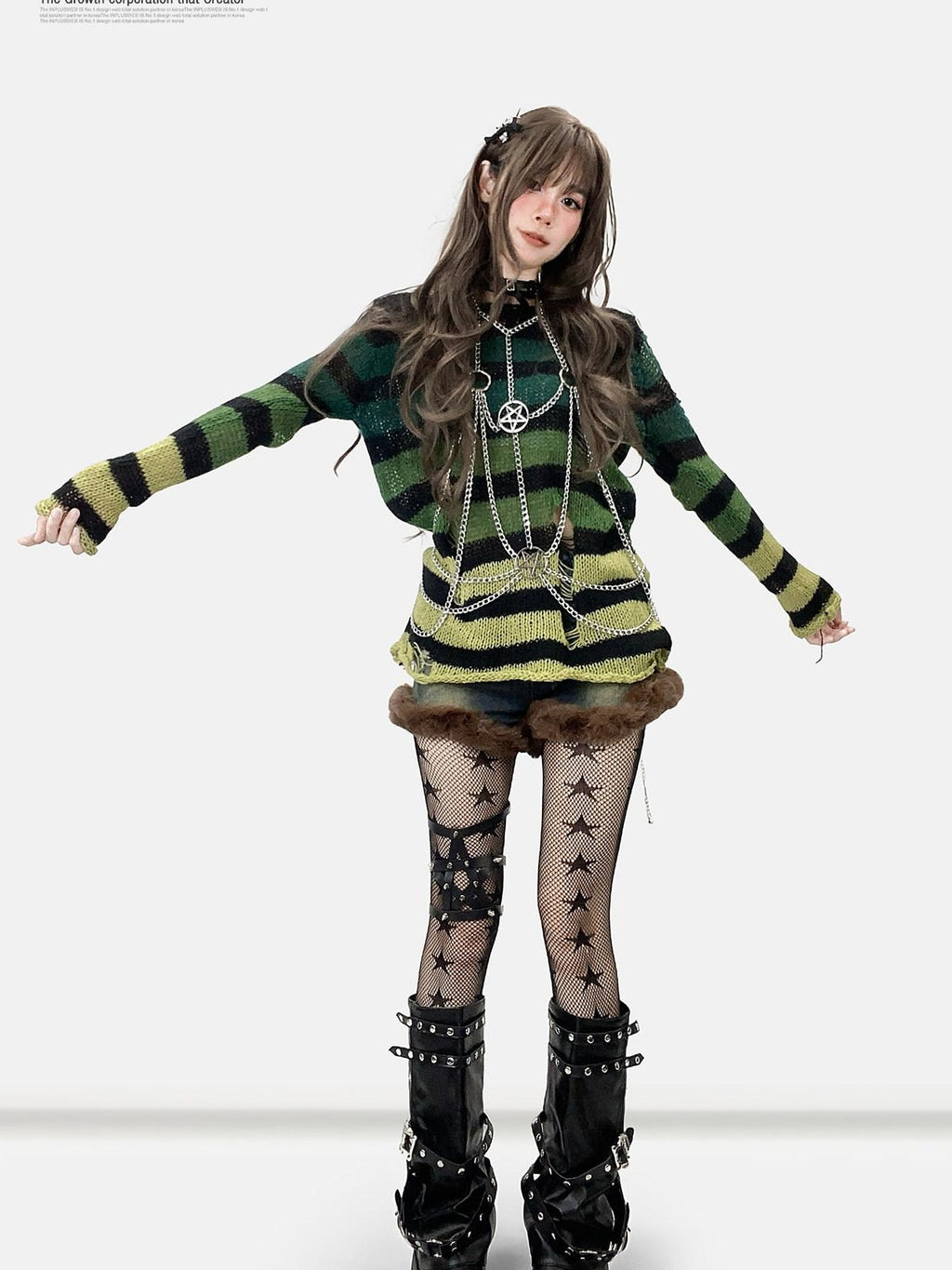 ReddaChic Thermal Warm Striped Loose Commuter Pullover Round Neck Green Tank Tops