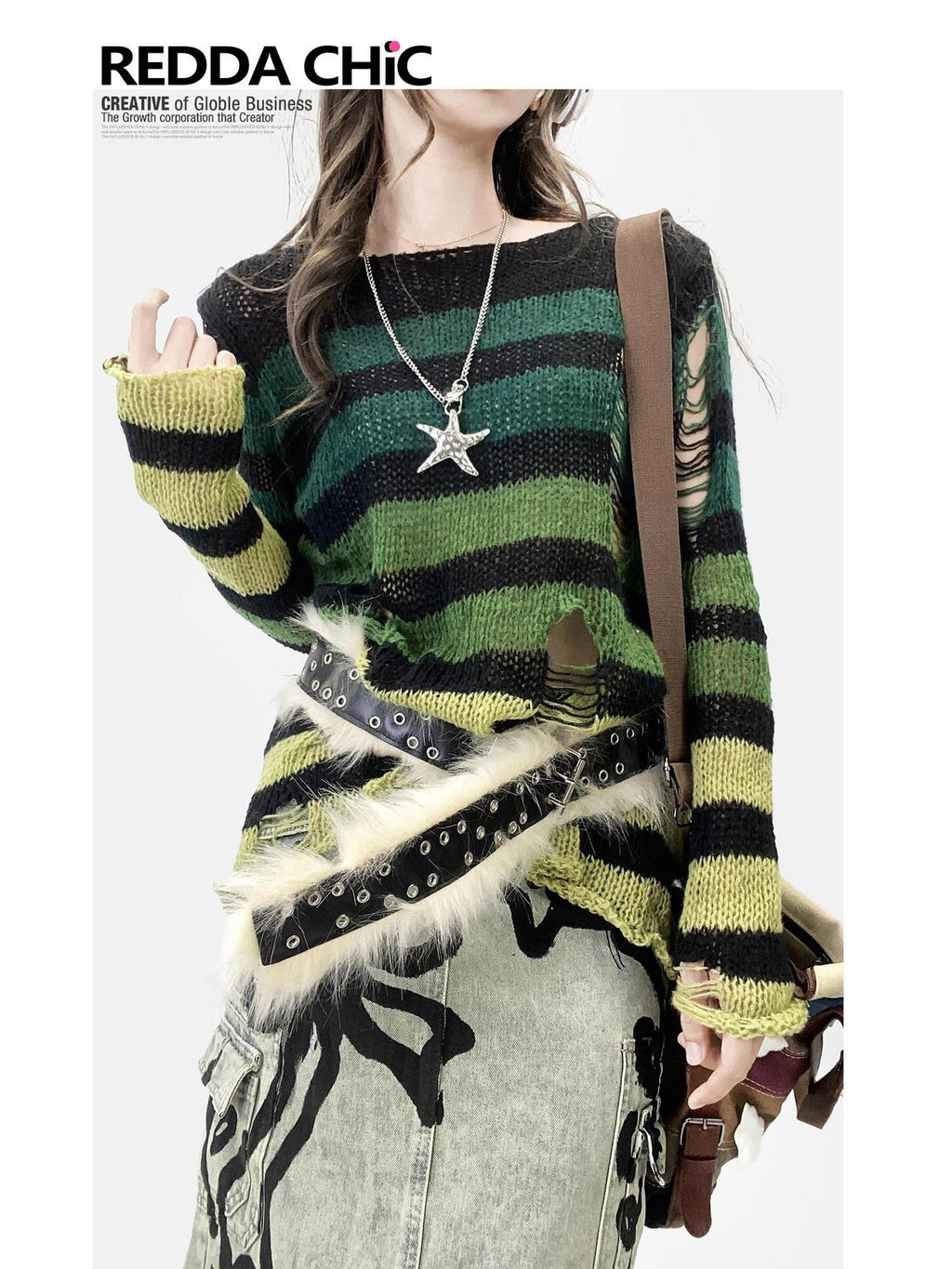 ReddaChic Thermal Warm Striped Loose Commuter Pullover Round Neck Green Tank Tops