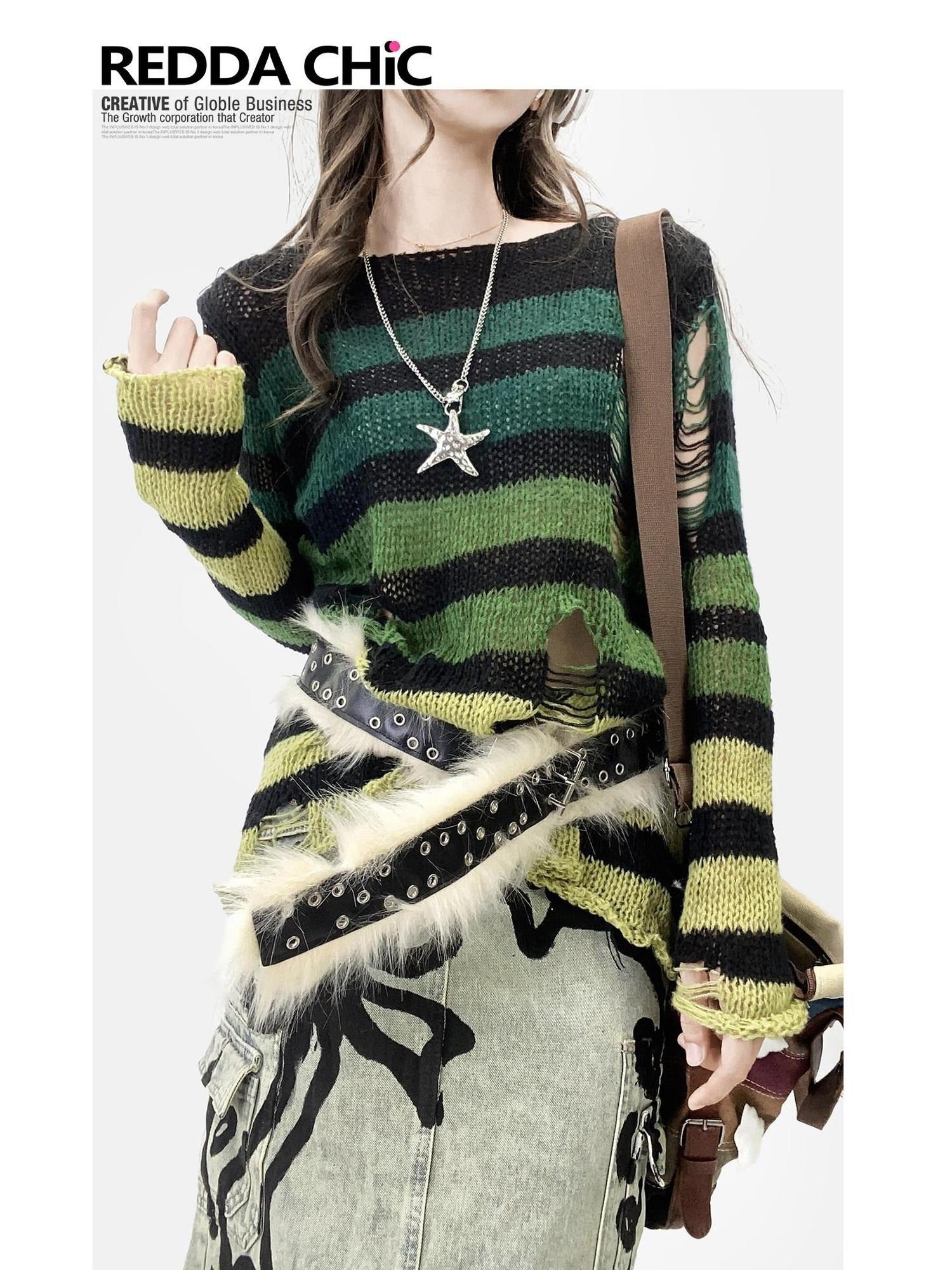 ReddaChic Thermal Warm Striped Loose Commuter Pullover Round Neck Green Tank Tops