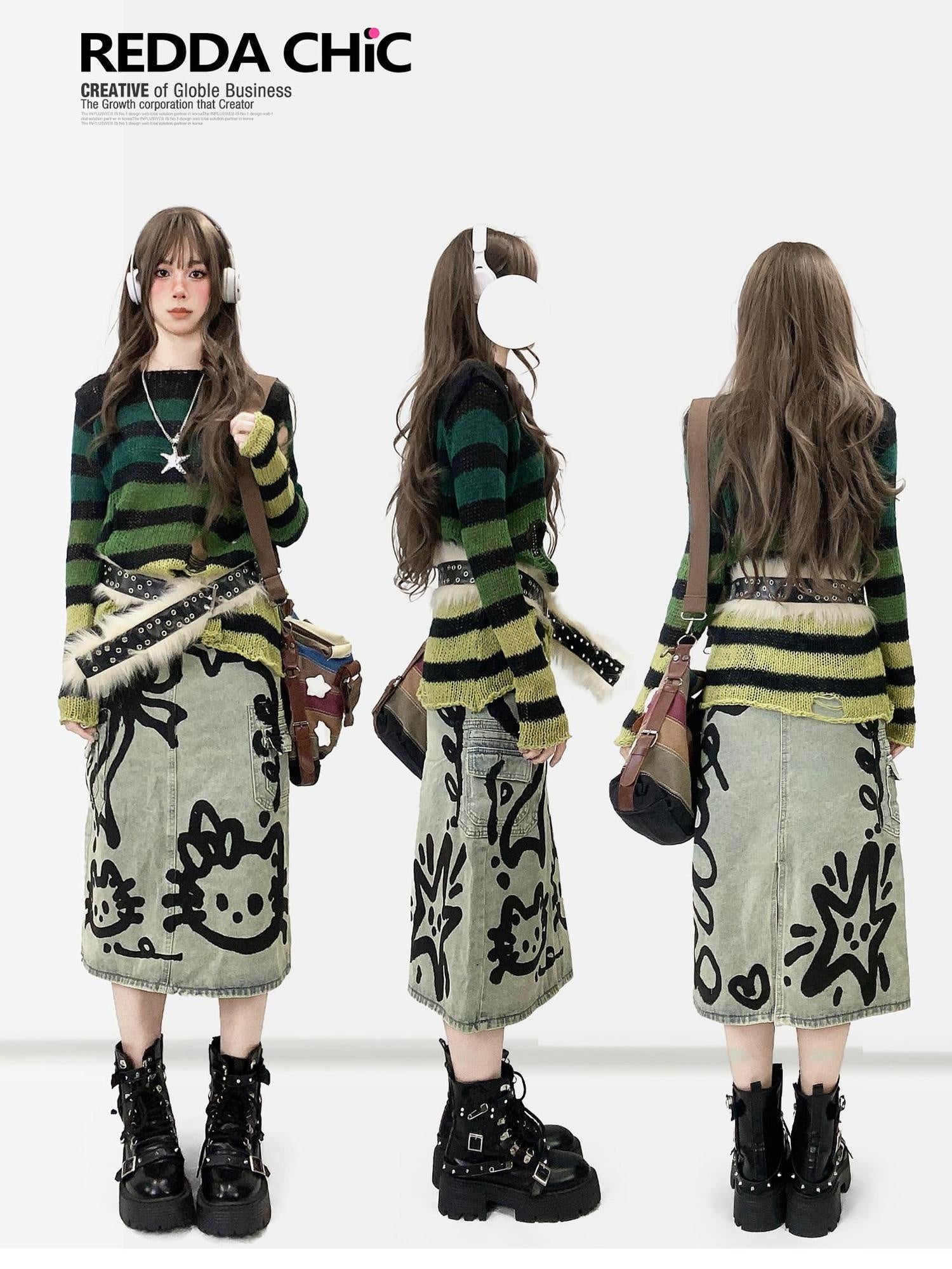 ReddaChic Thermal Warm Striped Loose Commuter Pullover Round Neck Green Tank Tops