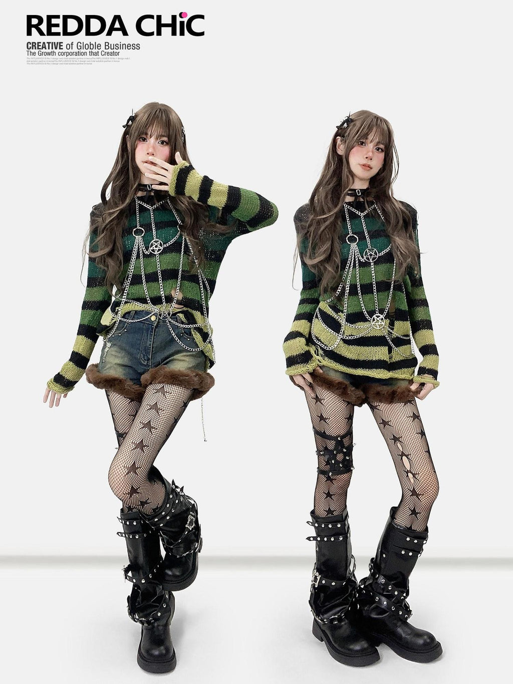 ReddaChic Thermal Warm Striped Loose Commuter Pullover Round Neck Green Tank Tops