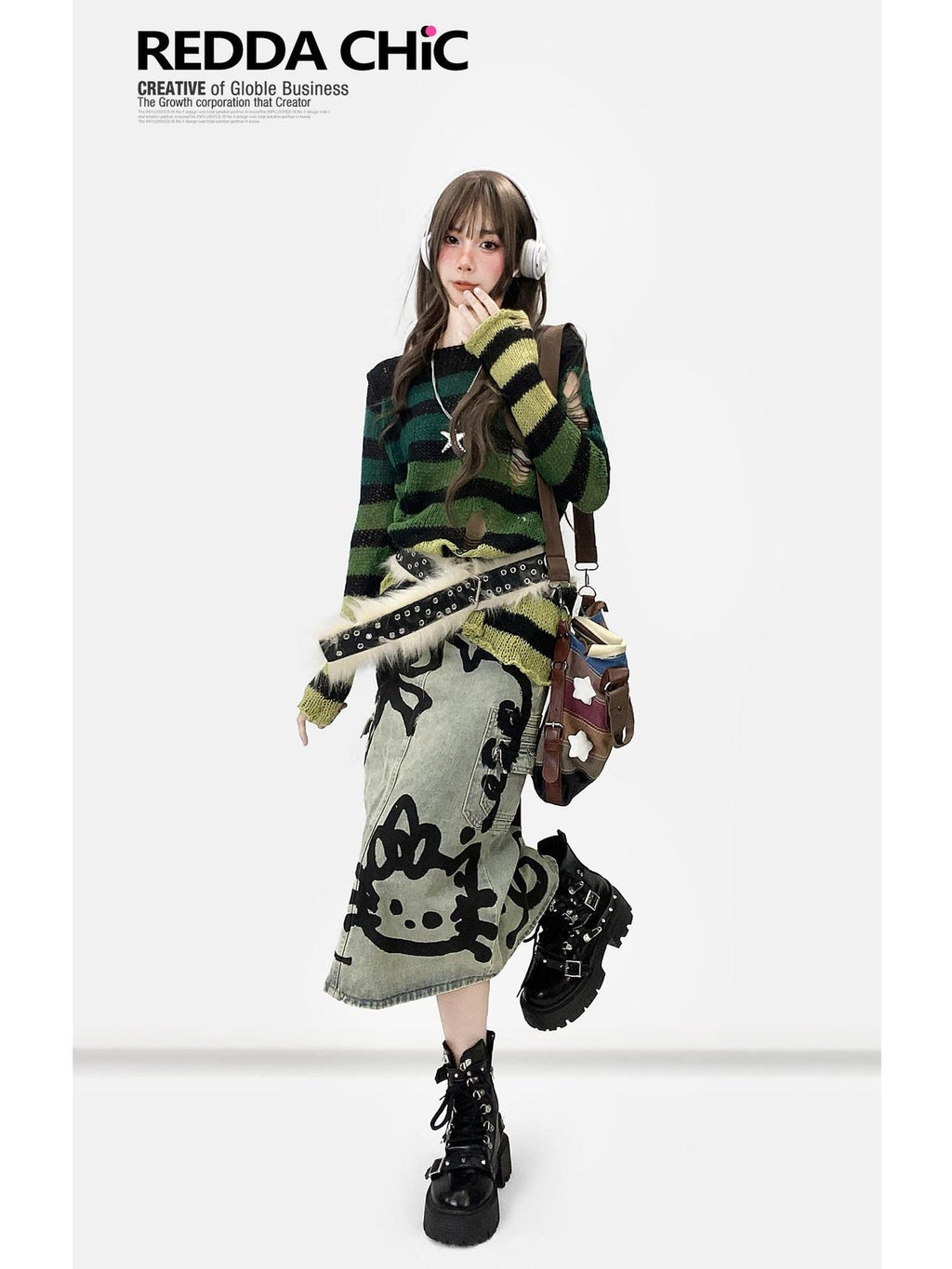 ReddaChic Thermal Warm Striped Loose Commuter Pullover Round Neck Green Tank Tops