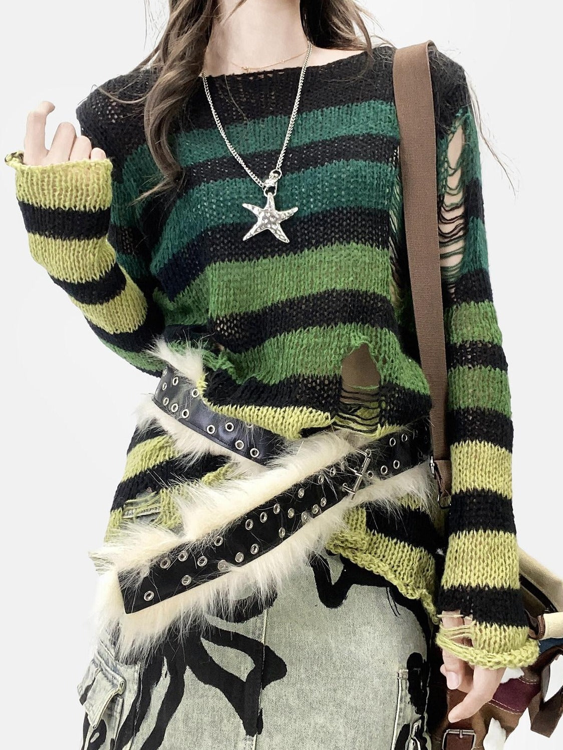 ReddaChic Thermal Warm Striped Loose Commuter Pullover Round Neck Green Tank Tops