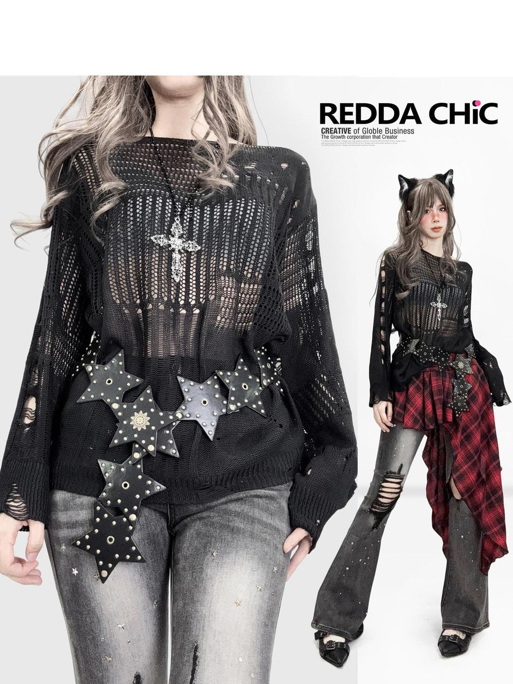 ReddaChic Uv Protection Gothic Cutout Loose Fit Women Edgy Street Flare Jeans