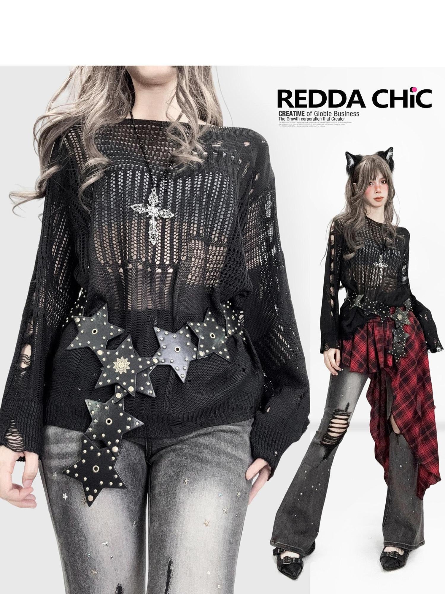 ReddaChic Uv Protection Gothic Cutout Loose Fit Women Edgy Street Flare Jeans