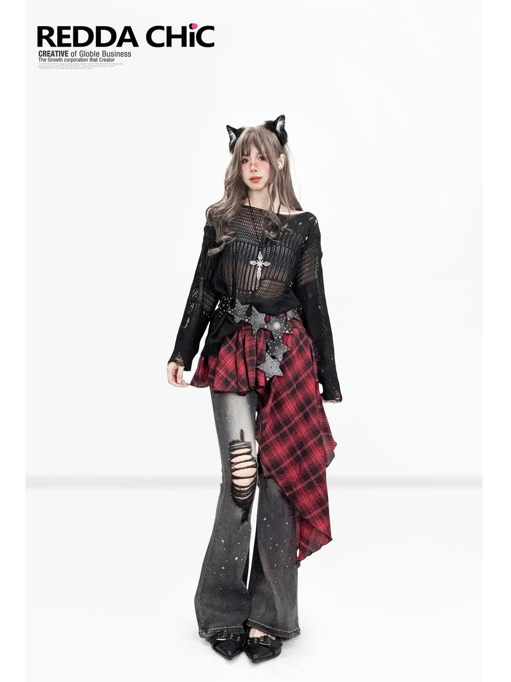 ReddaChic Uv Protection Gothic Cutout Loose Fit Women Edgy Street Flare Jeans