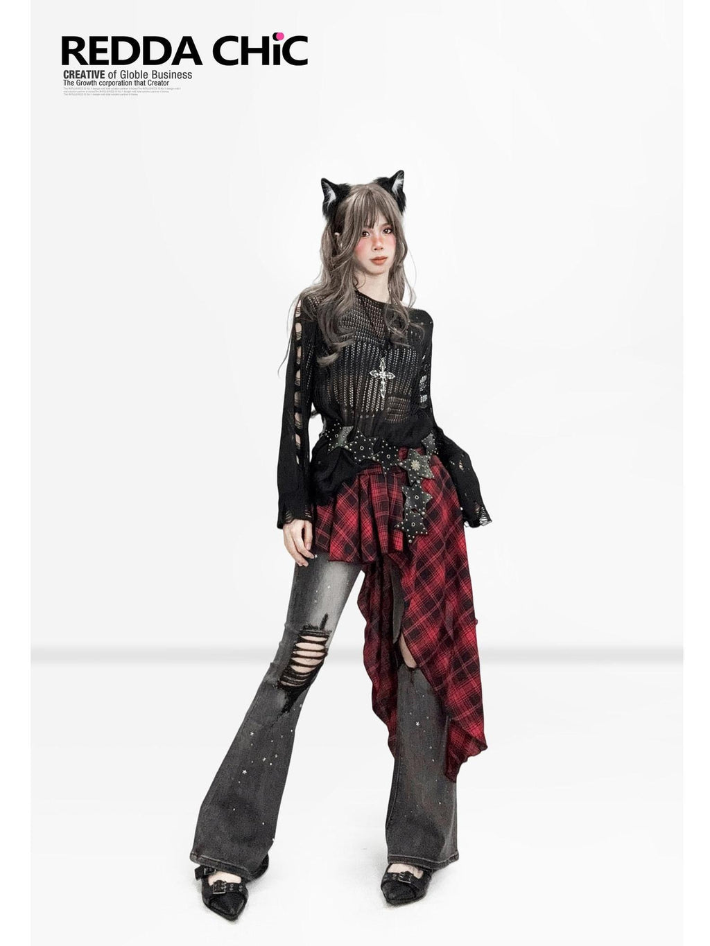 ReddaChic Uv Protection Gothic Cutout Loose Fit Women Edgy Street Flare Jeans