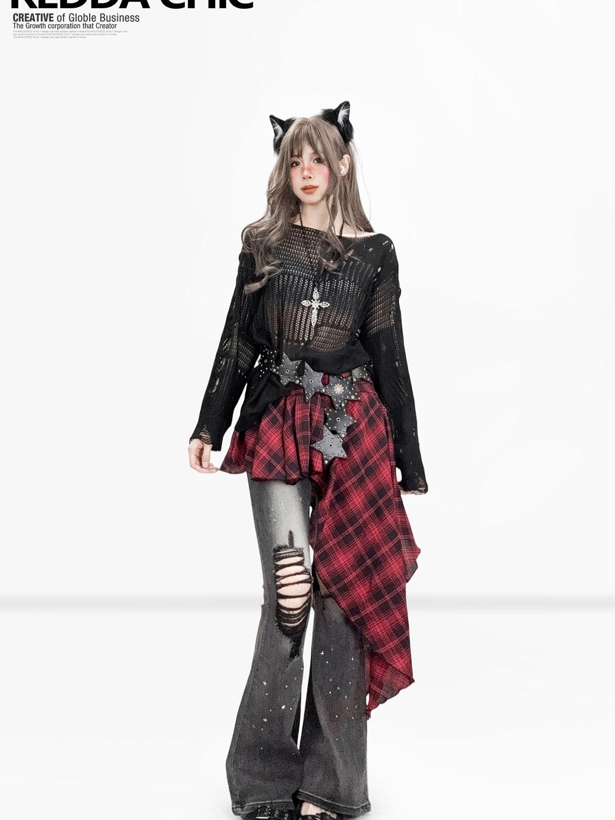 ReddaChic Uv Protection Gothic Cutout Loose Fit Women Edgy Street Flare Jeans