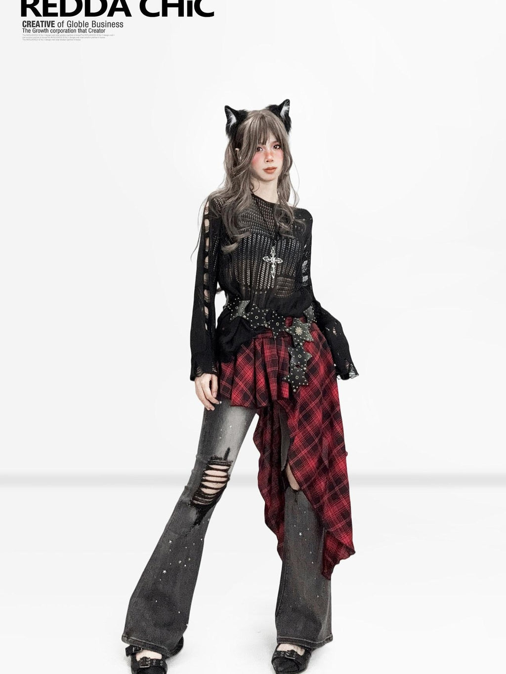 ReddaChic Uv Protection Gothic Cutout Loose Fit Women Edgy Street Flare Jeans