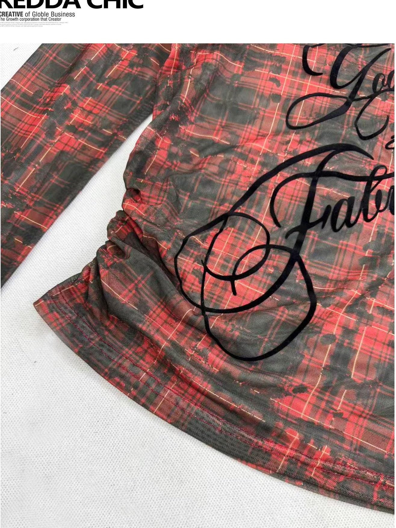 ReddaChic Uv Protection Gothic Mesh Plaid Letter Print Two Piece Women Tulle Midi Skirts