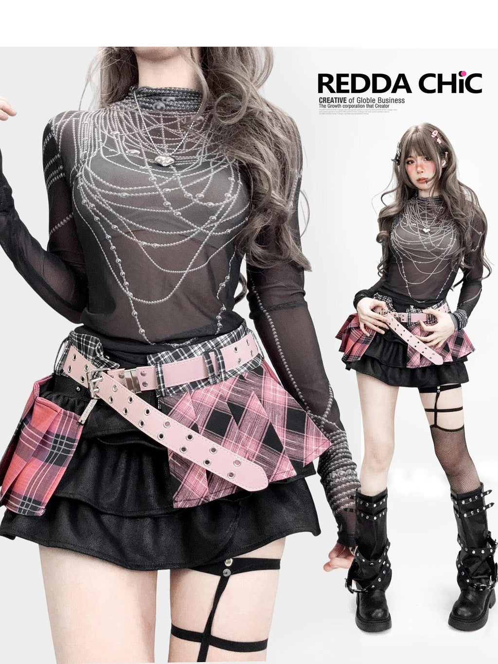 ReddaChic Uv Protection Mesh Slim Fit Dark Gothic Stripe Print Women Mini Skirts