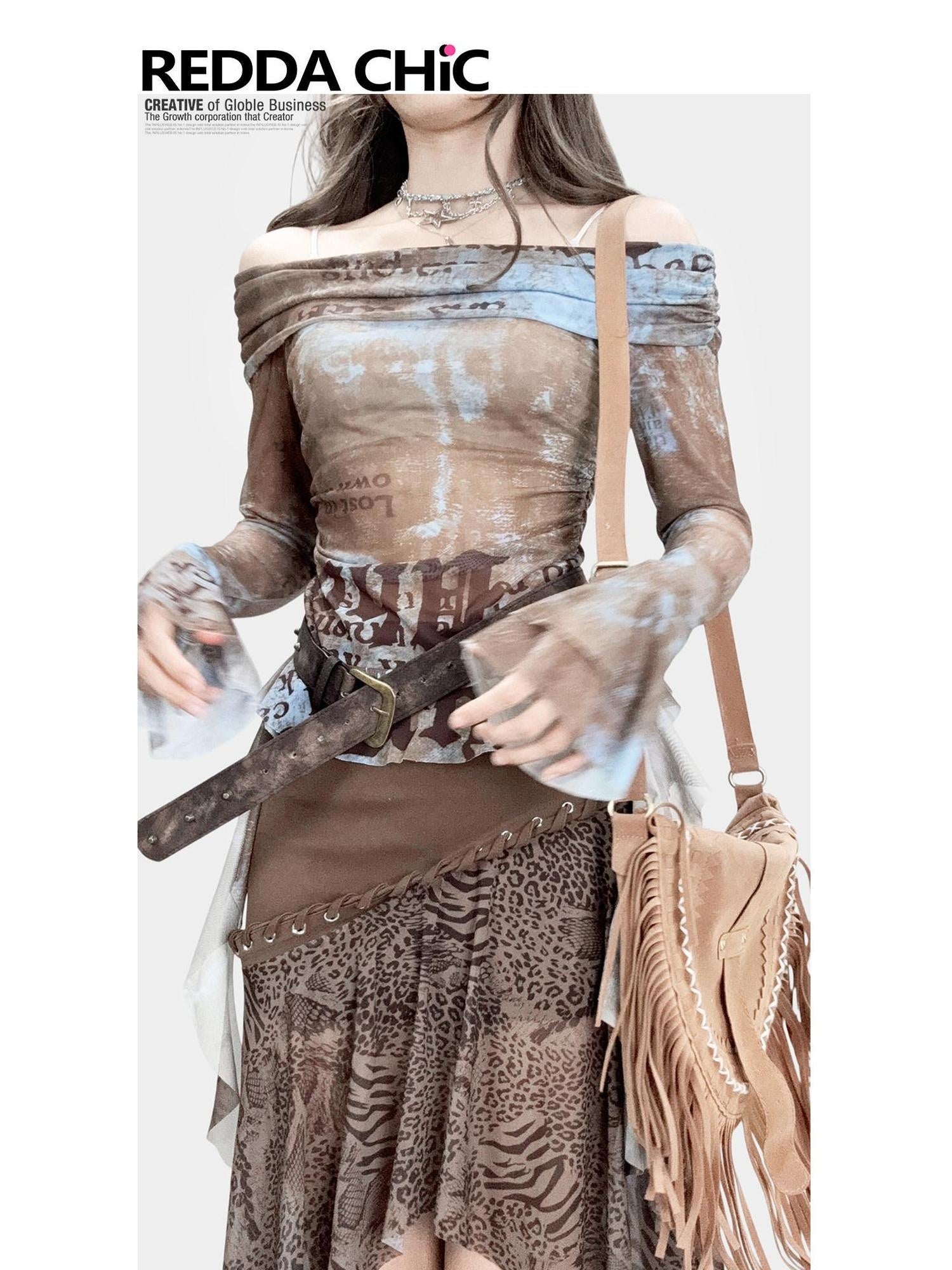 ReddaChic Uv Shield Mesh Bell Sleeve Boat Neck Slim Fit Women Printed Long Sleeve T-Shirts