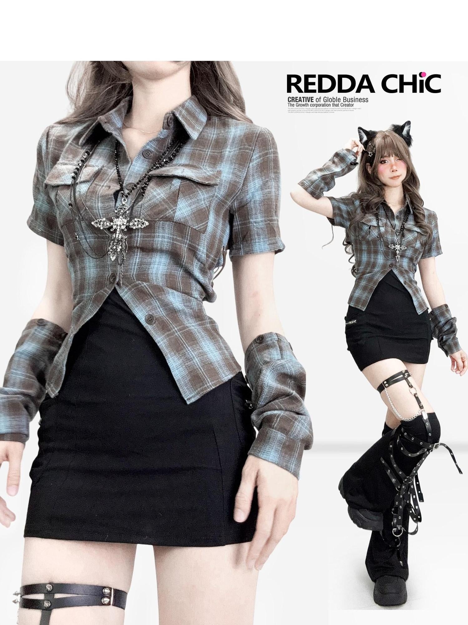 ReddaChic Vintage Colorblock Plaid Waist Slimming Cotton Women Midi Skirts