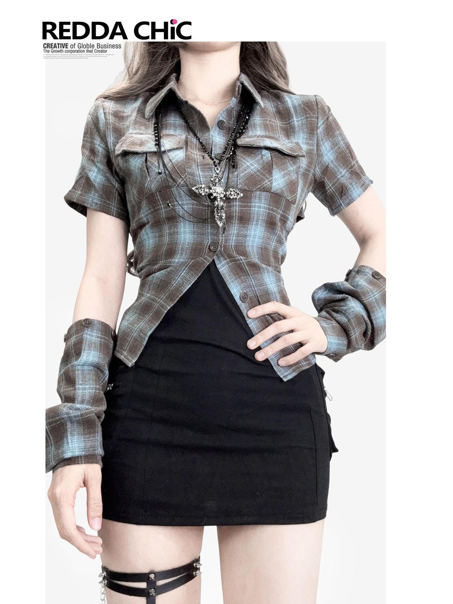 ReddaChic Vintage Colorblock Plaid Waist Slimming Cotton Women Midi Skirts