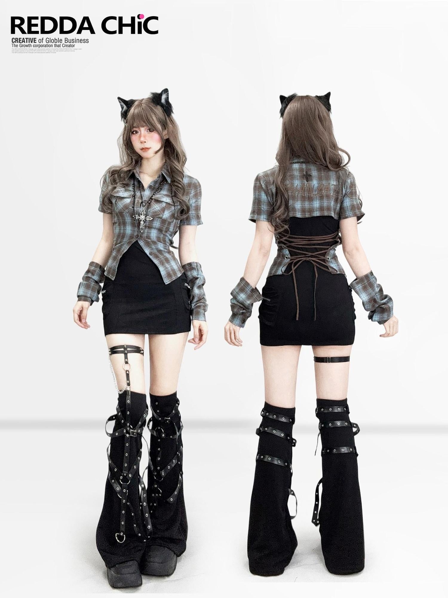ReddaChic Vintage Colorblock Plaid Waist Slimming Cotton Women Midi Skirts