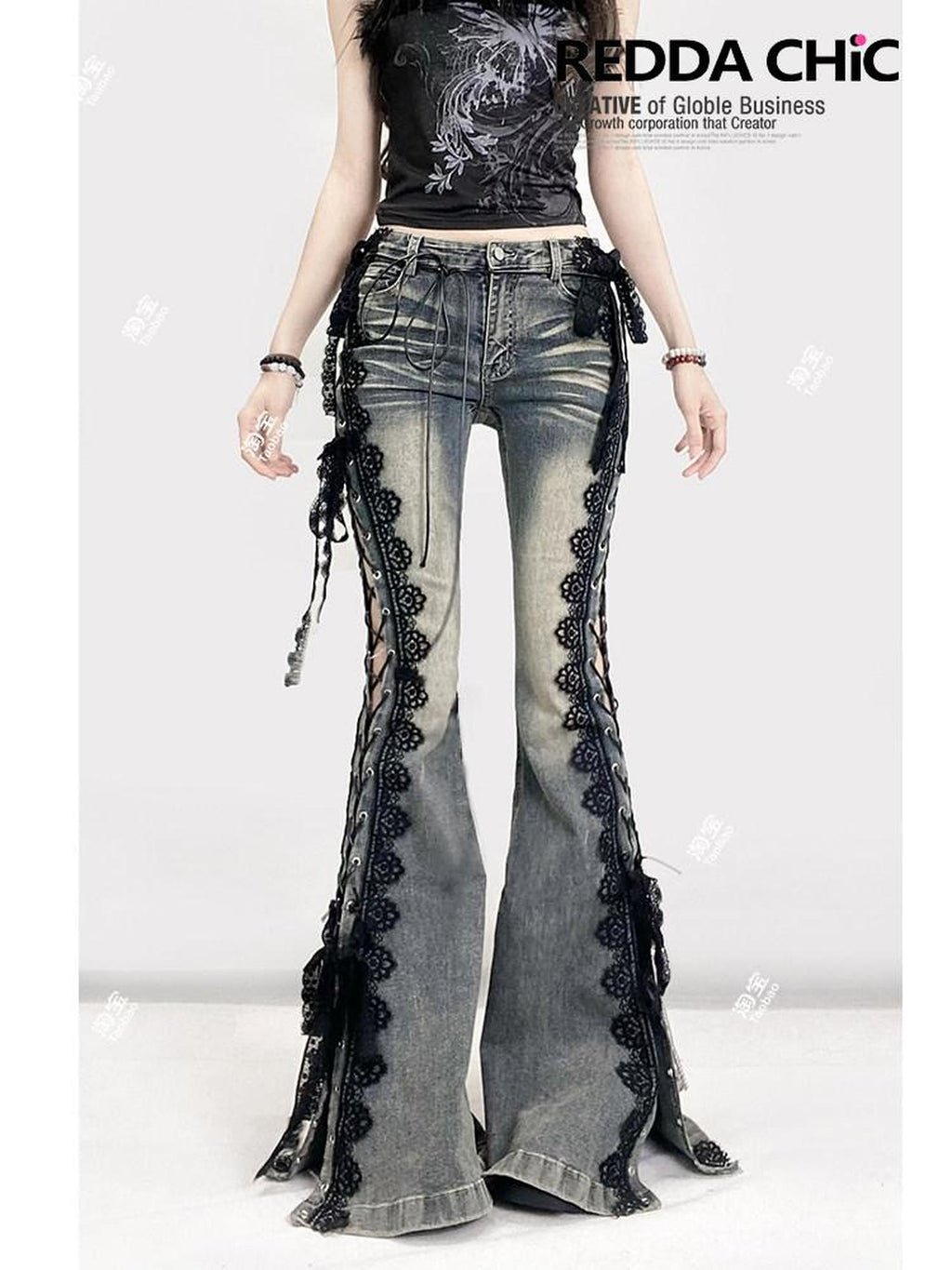 ReddaChic Vintage Lace Low Waist Slim Fit Cotton Stretch Denim Girls Light Blue Hoodies