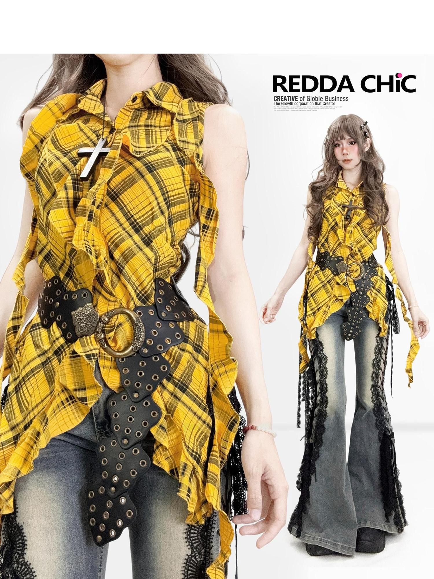 ReddaChic Vintage Ruffle Detail Plaid Cotton Regular Fit Women Casual Wide-Leg Jeans