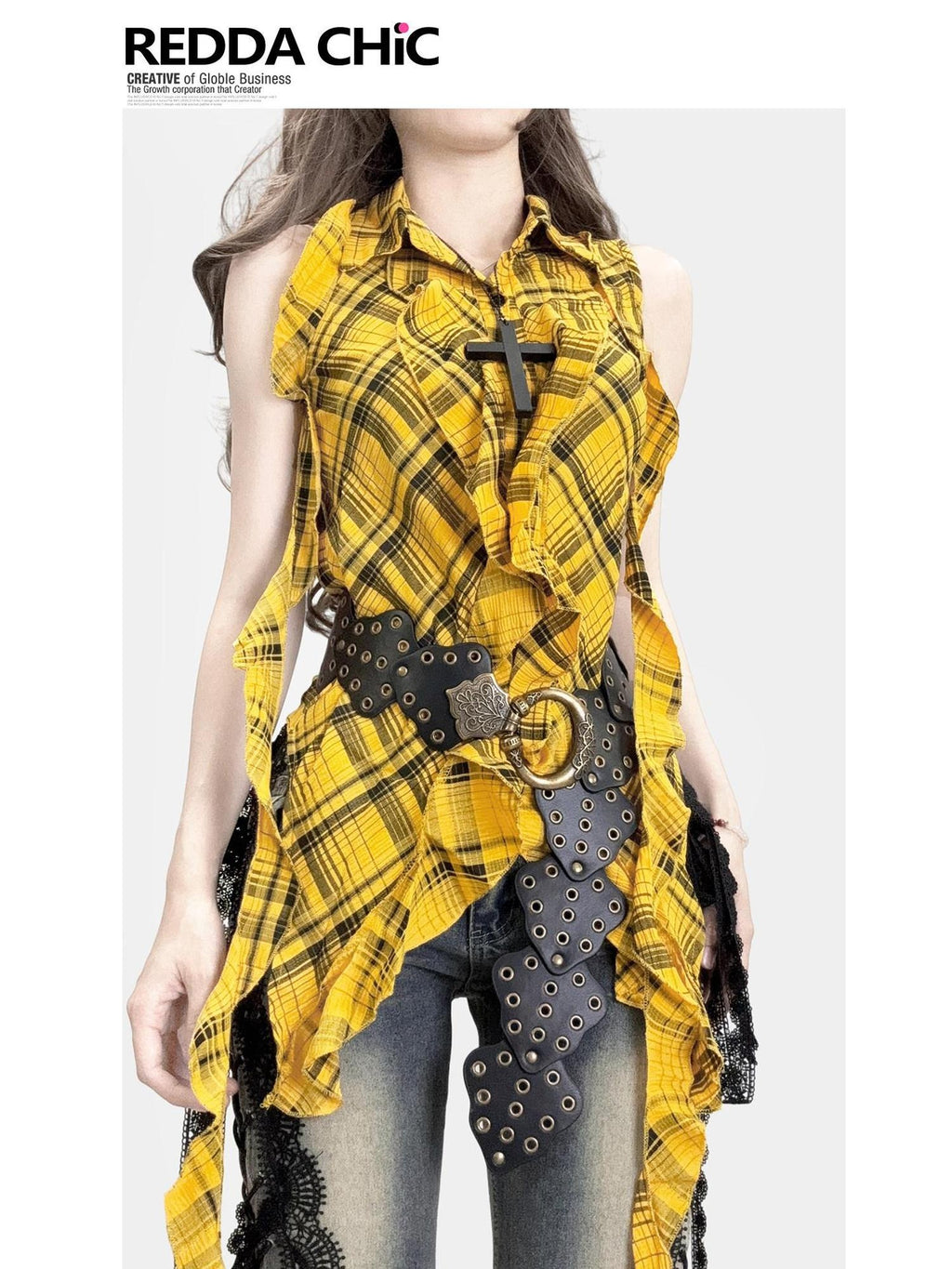 ReddaChic Vintage Ruffle Detail Plaid Cotton Regular Fit Women Casual Wide-Leg Jeans