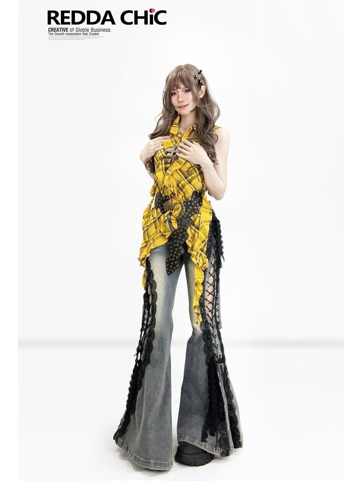 ReddaChic Vintage Ruffle Detail Plaid Cotton Regular Fit Women Casual Wide-Leg Jeans
