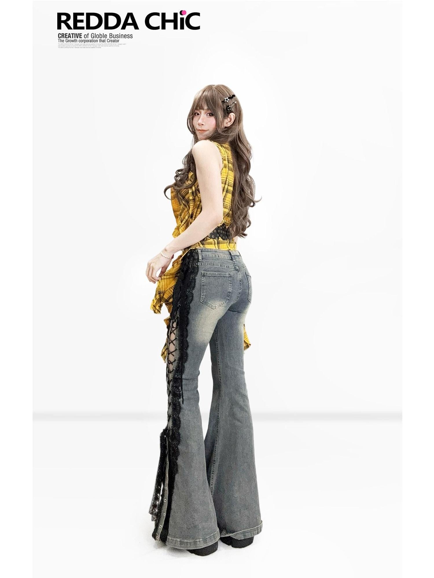 ReddaChic Vintage Ruffle Detail Plaid Cotton Regular Fit Women Casual Wide-Leg Jeans