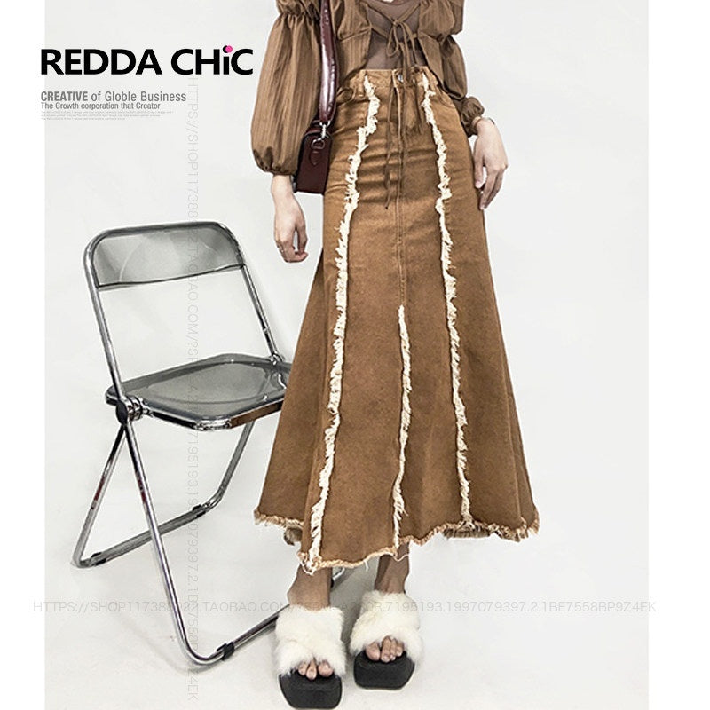 ReddaChic_Vintage_Ruffle_Fringe_High_Waist_A_Line_Khaki_Dress_Set_Youth_Denim_Jackets_MISSTT