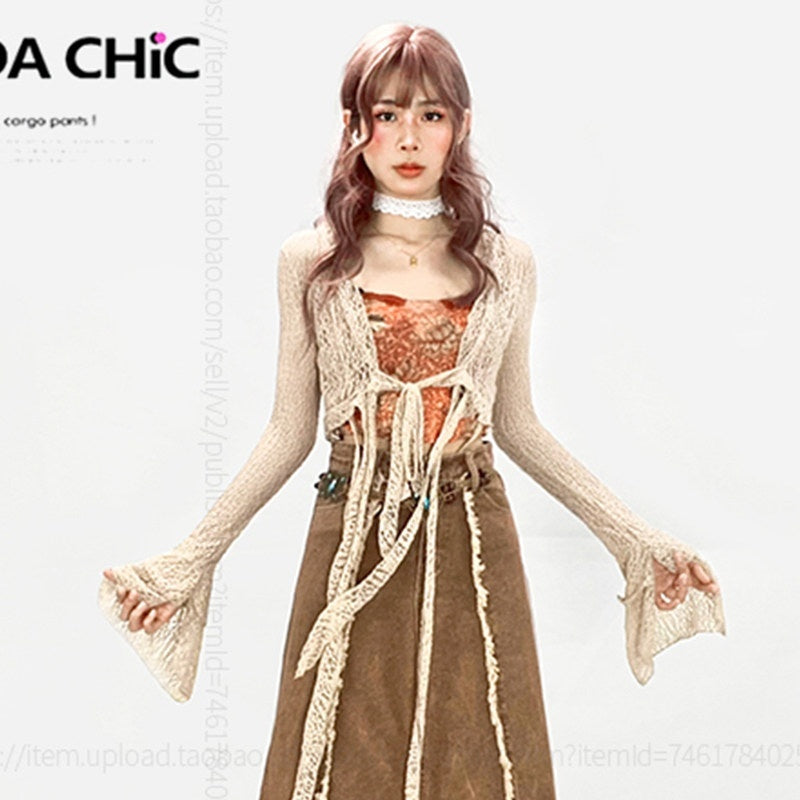 ReddaChic_Vintage_Ruffle_Fringe_High_Waist_A_Line_Khaki_Dress_Set_Youth_Denim_Jackets_MISSTT