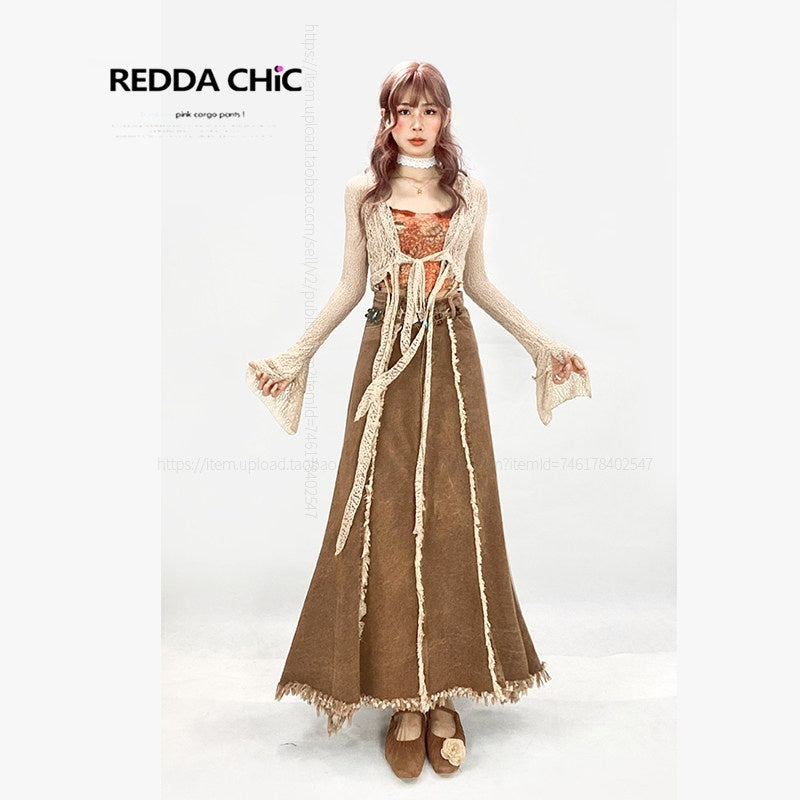 ReddaChic_Vintage_Ruffle_Fringe_High_Waist_A_Line_Khaki_Dress_Set_Youth_Denim_Jackets_MISSTT