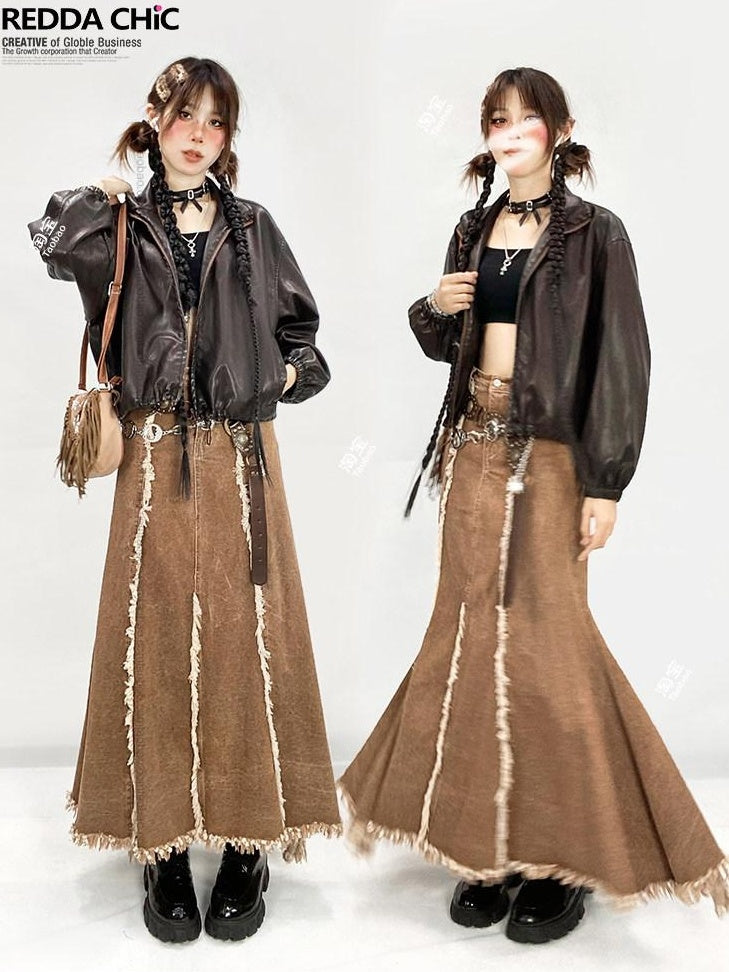 ReddaChic Vintage Ruffle Fringe High Waist A Line Khaki Dress Set Youth Denim Jackets