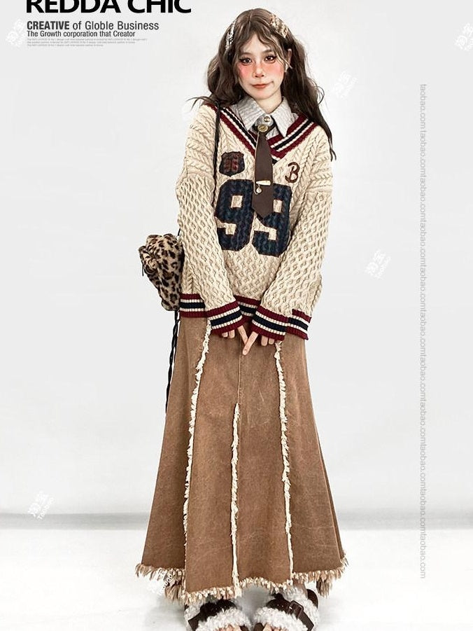 ReddaChic Vintage Ruffle Fringe High Waist A Line Khaki Dress Set Youth Denim Jackets