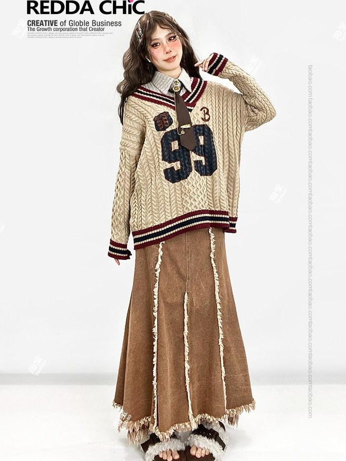 ReddaChic Vintage Ruffle Fringe High Waist A Line Khaki Dress Set Youth Denim Jackets