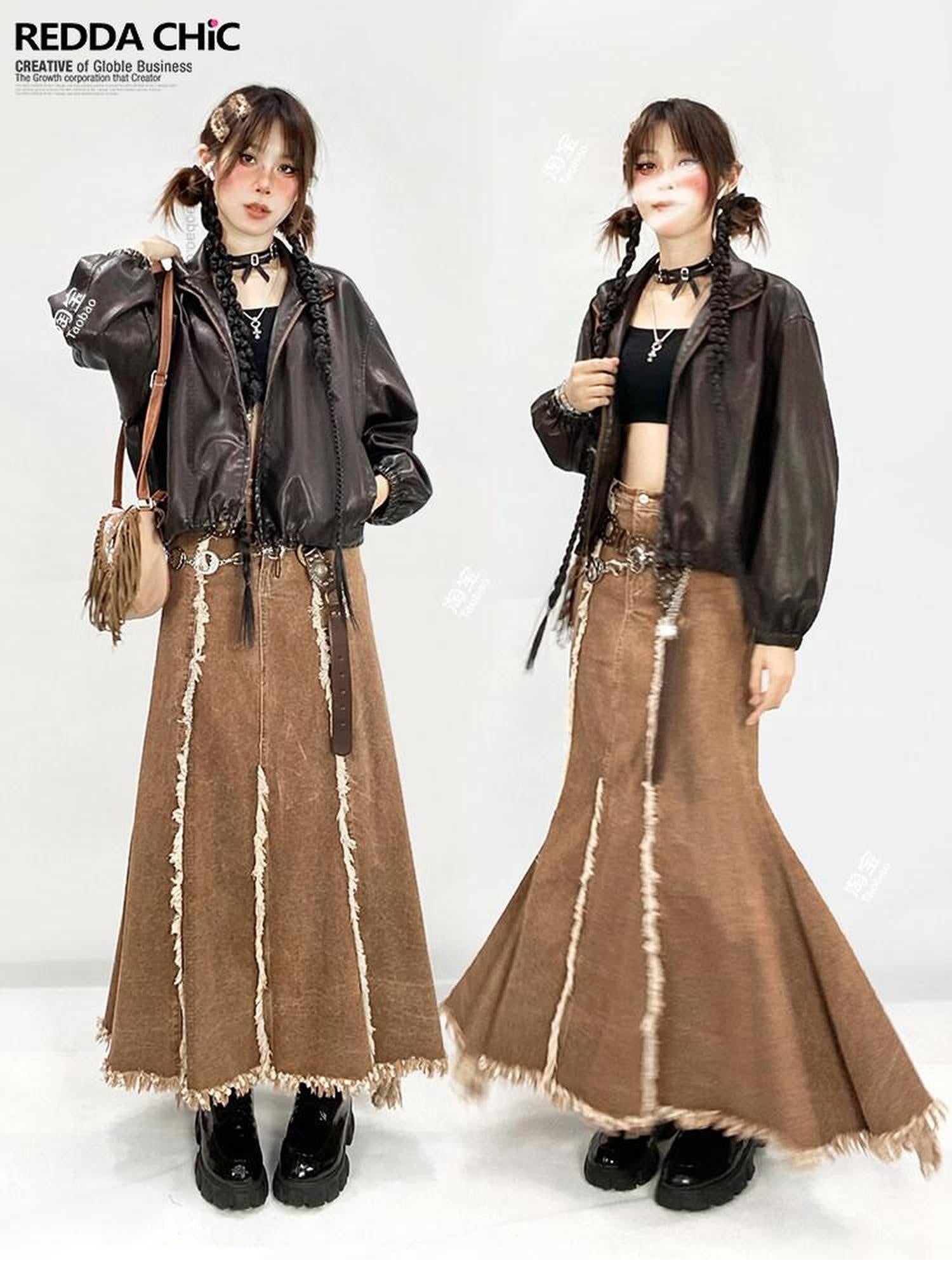ReddaChic Vintage Ruffle Fringe High Waist A Line Khaki Dress Set Youth Denim Jackets