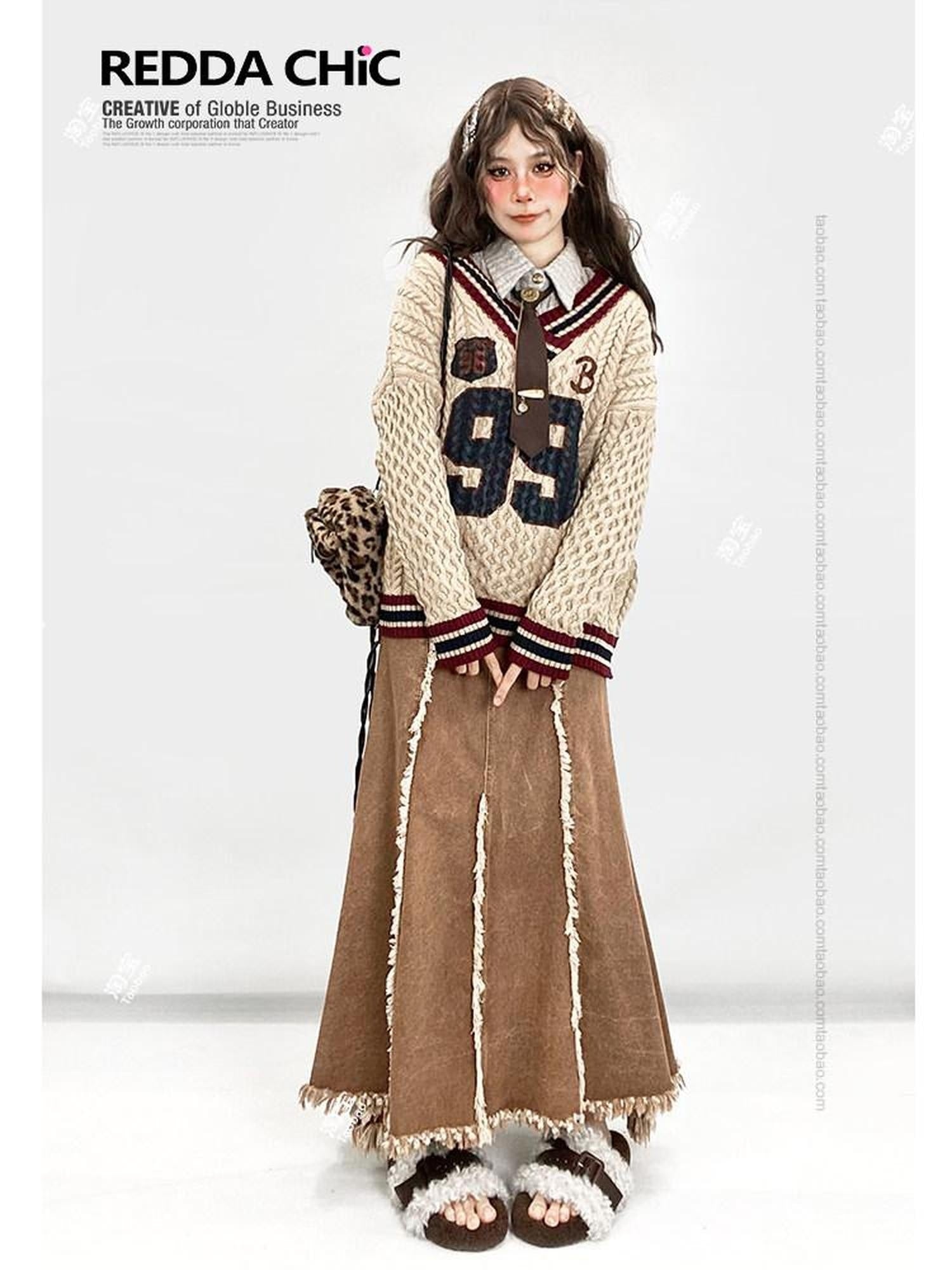 ReddaChic Vintage Ruffle Fringe High Waist A Line Khaki Dress Set Youth Denim Jackets