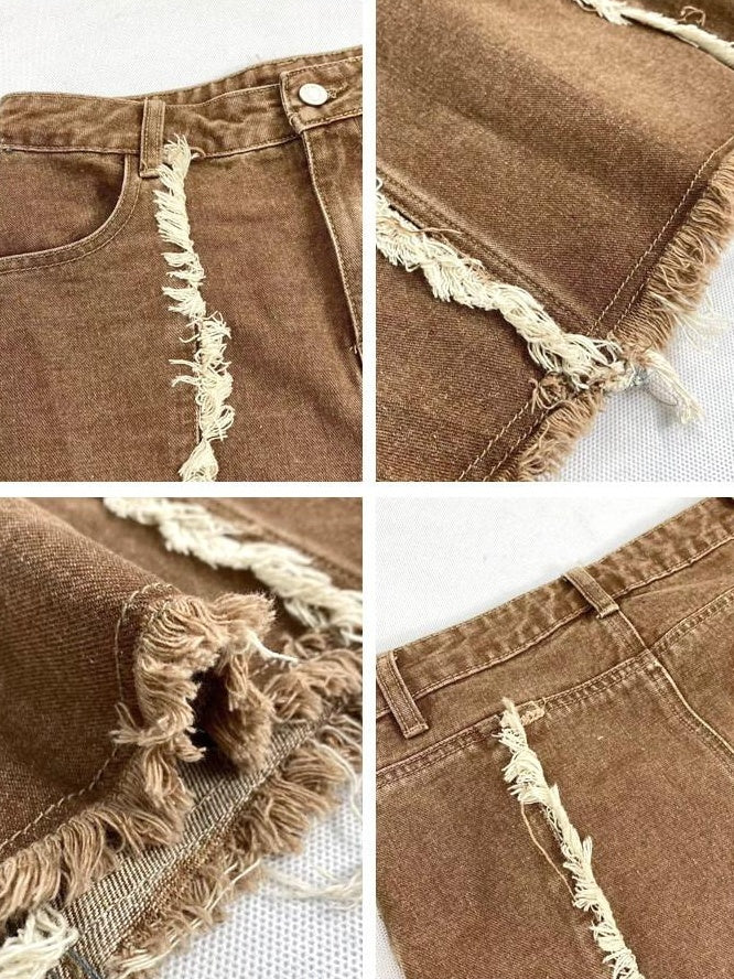 ReddaChic Vintage Ruffle Fringe High Waist A Line Khaki Dress Set Youth Denim Jackets