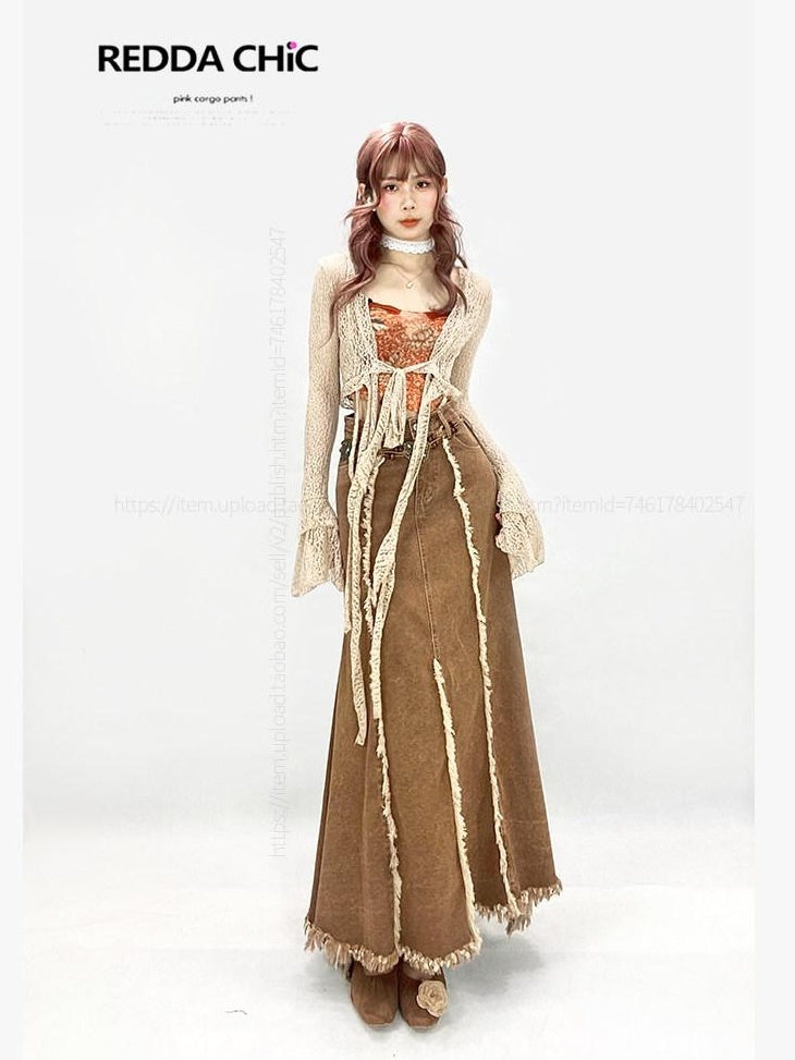 ReddaChic Vintage Ruffle Fringe High Waist A Line Khaki Dress Set Youth Denim Jackets