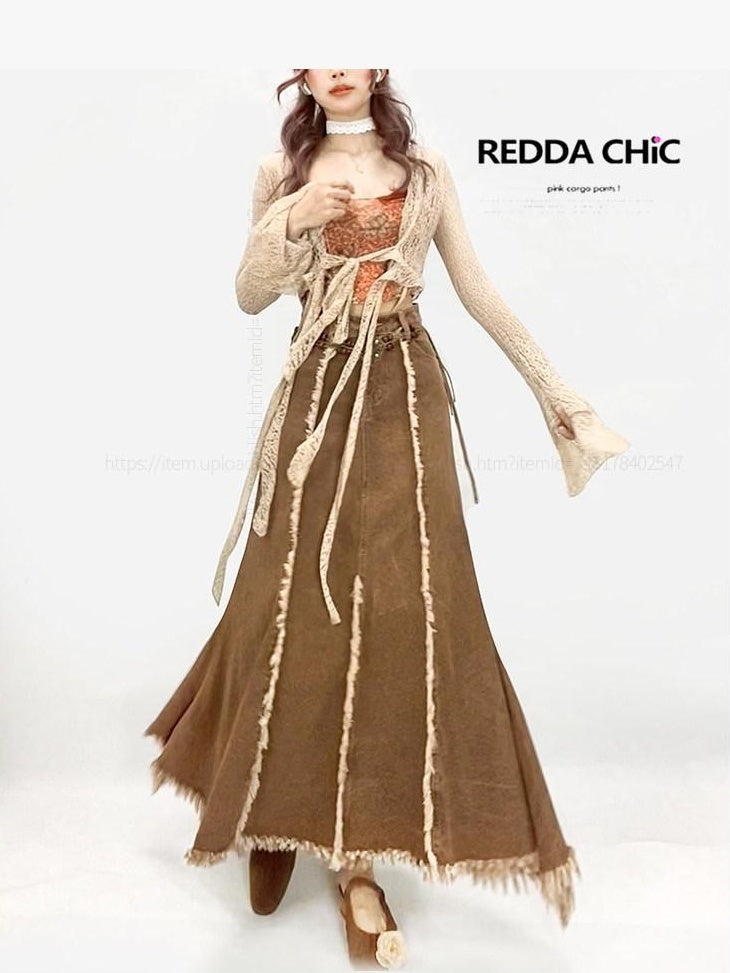 ReddaChic Vintage Ruffle Fringe High Waist A Line Khaki Dress Set Youth Denim Jackets