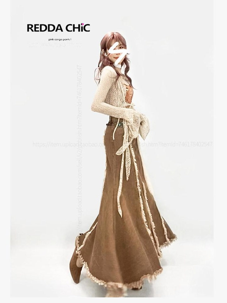 ReddaChic Vintage Ruffle Fringe High Waist A Line Khaki Dress Set Youth Denim Jackets