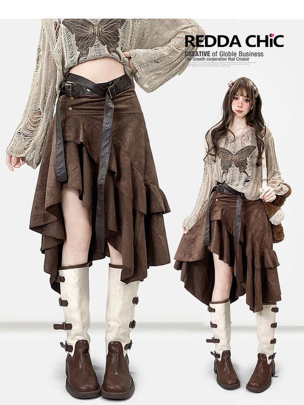 ReddaChic Vintage Ruffle Slim Mid Waist Coffee Patchwork Young Women Long Sleeve T-Shirts
