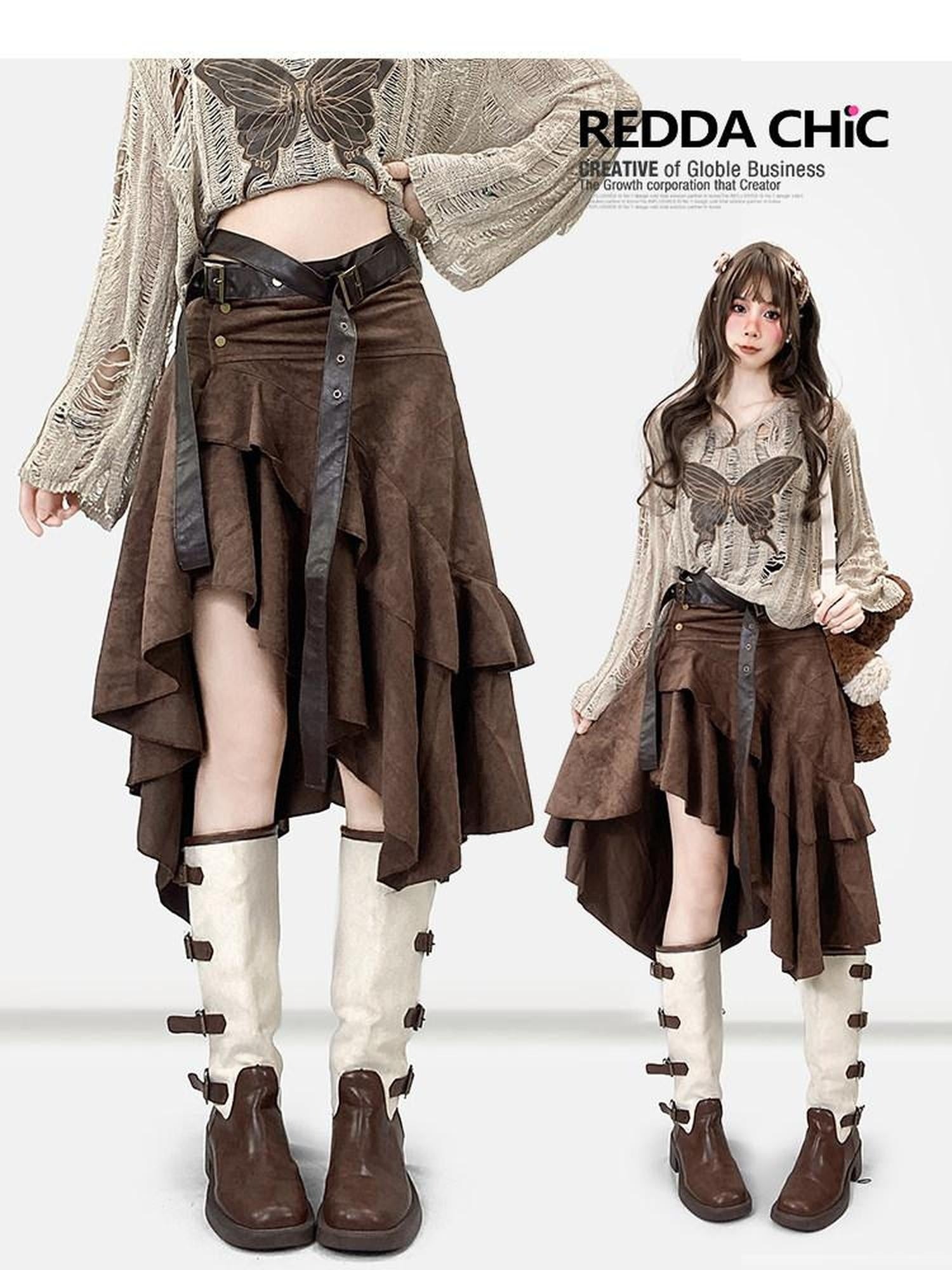 ReddaChic Vintage Ruffle Slim Mid Waist Coffee Patchwork Young Women Long Sleeve T-Shirts