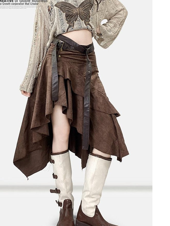 ReddaChic Vintage Ruffle Slim Mid Waist Coffee Patchwork Young Women Long Sleeve T-Shirts