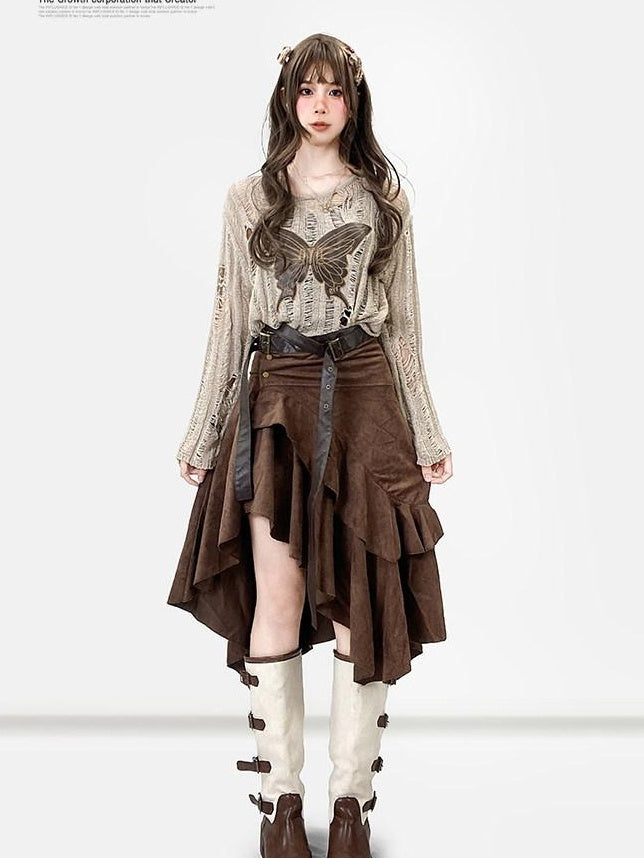 ReddaChic Vintage Ruffle Slim Mid Waist Coffee Patchwork Young Women Long Sleeve T-Shirts