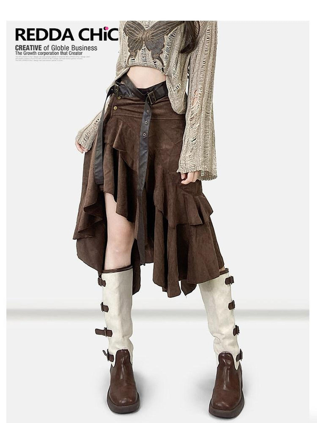ReddaChic Vintage Ruffle Slim Mid Waist Coffee Patchwork Young Women Long Sleeve T-Shirts