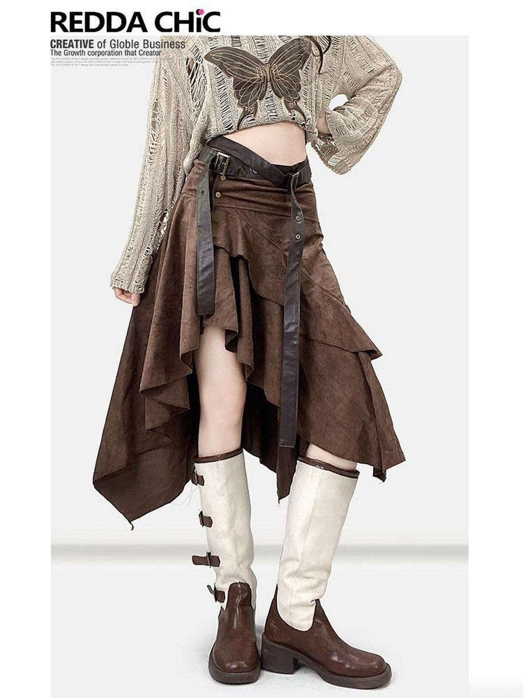ReddaChic Vintage Ruffle Slim Mid Waist Coffee Patchwork Young Women Long Sleeve T-Shirts