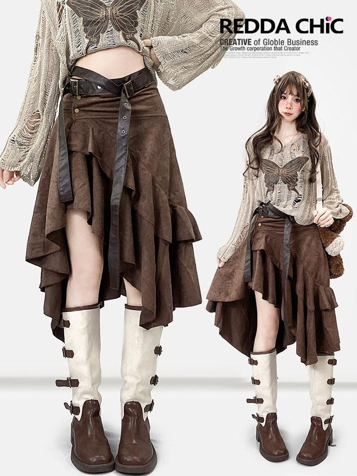 ReddaChic Vintage Ruffle Slim Mid Waist Coffee Patchwork Young Women Long Sleeve T-Shirts