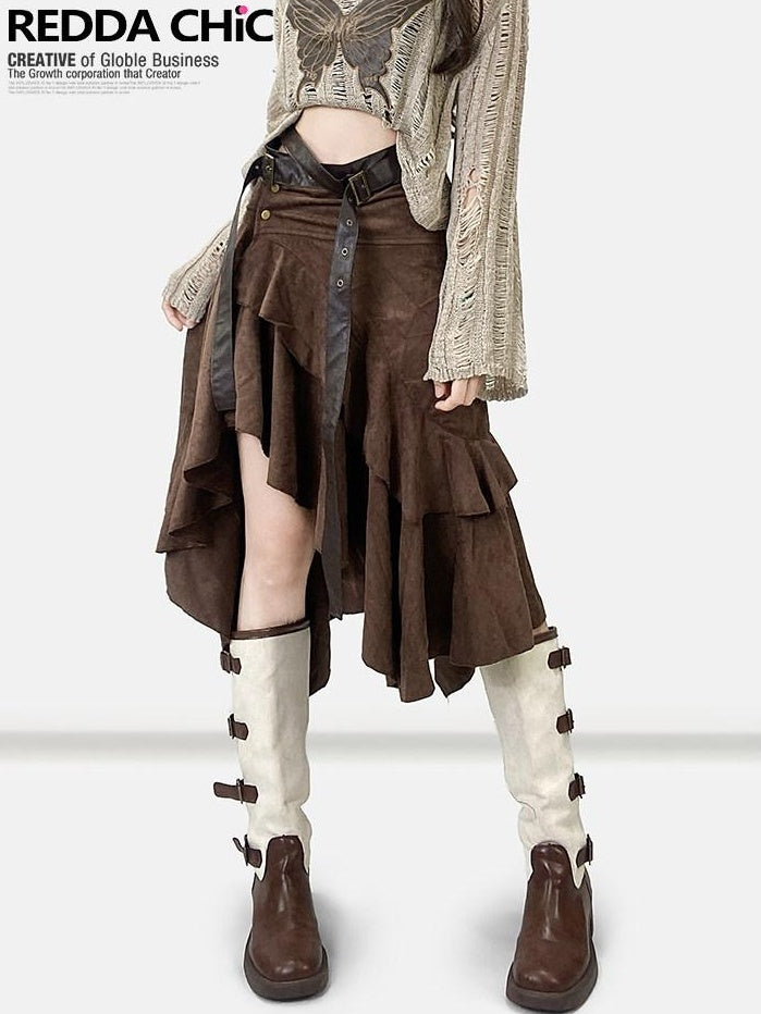ReddaChic Vintage Ruffle Slim Mid Waist Coffee Patchwork Young Women Long Sleeve T-Shirts