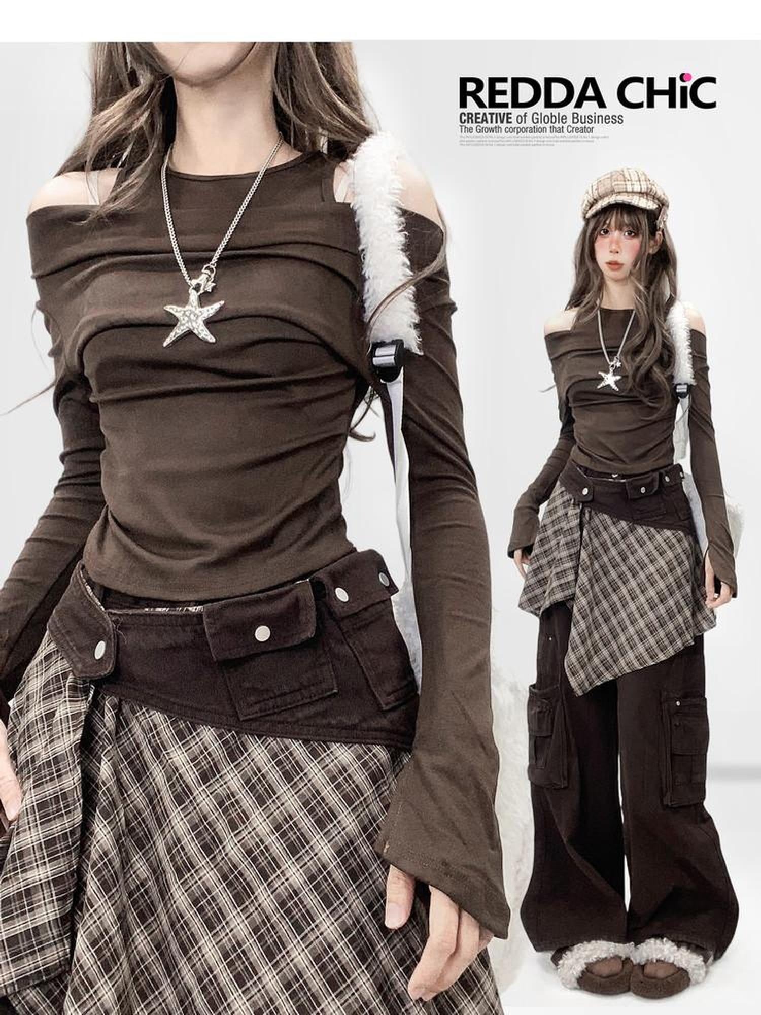 ReddaChic Vintage Slim Fit Off Shoulder Bell Sleeve Women Coffee Brown Casual Maxi Dresses