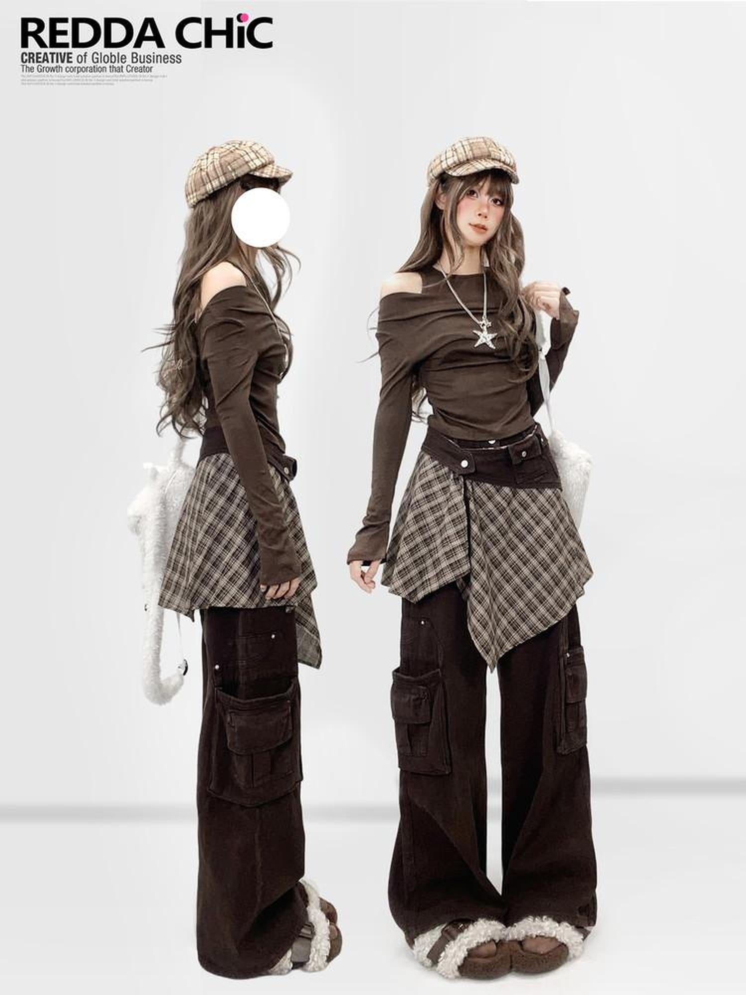 ReddaChic Vintage Slim Fit Off Shoulder Bell Sleeve Women Coffee Brown Casual Maxi Dresses